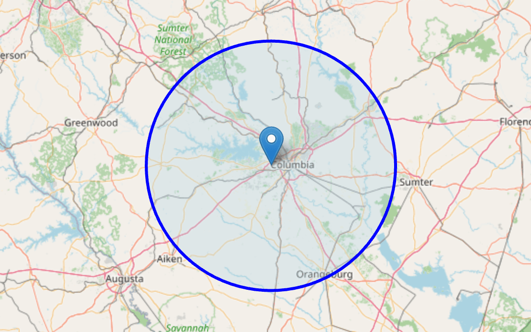 Map of the South Carolina Midlands showing Nailed It Roofing & Renovations' roughly 40-mile service radius centered near Columbia, SC